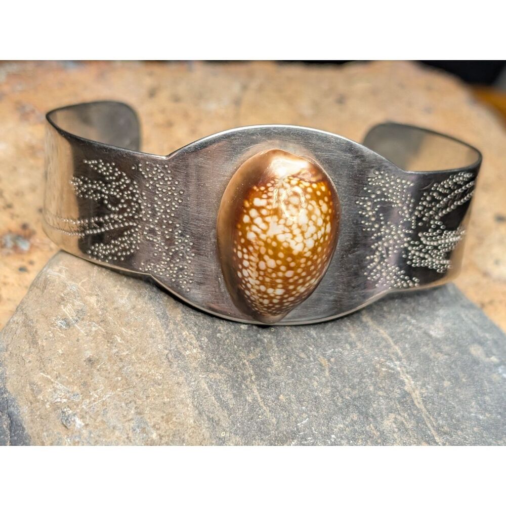 Cowrie Shell Bracelet • Engraved Metal Band • Coastal Artisan Style